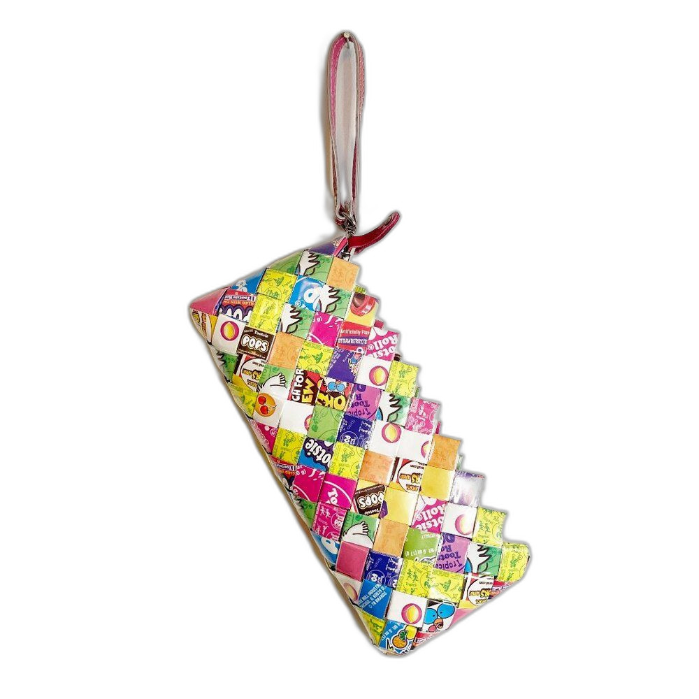 Handmade Recycled Y2K Candy Wrapper Clutch Wristlet Colorful & Unique Patchwork